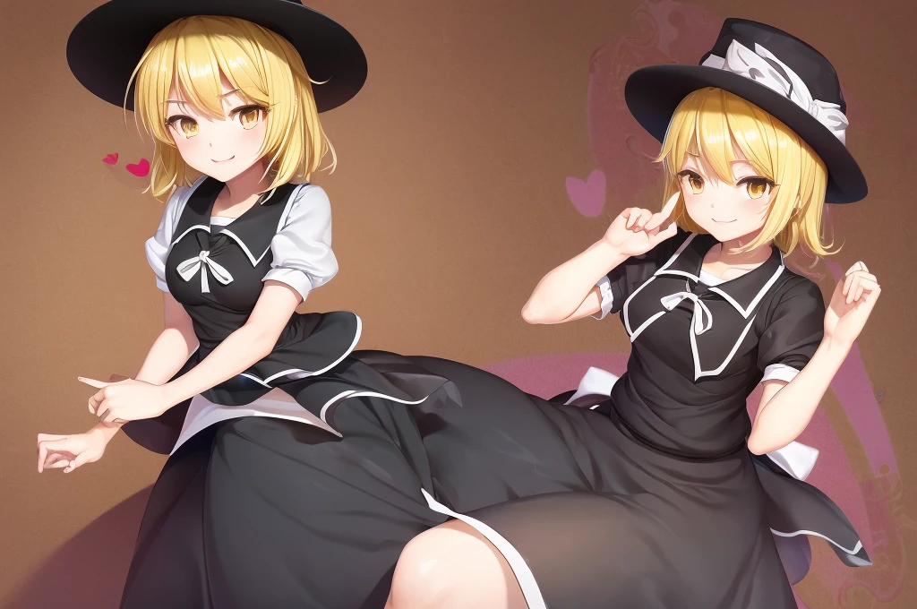 1girl, , , masterpiece, best quality, , medium blonde hair, forehead visible bags, yellow eyes, hat, heart, black headwear, puffy short sleeves, log black skirt, heart hads,,1girl, solo, yellow eyes, yellow hair, bow, hat bow, socks, black footwear, black skirt, short sleeves, yuki (touhou), black vest, white sleeves, frill skirt, light smile