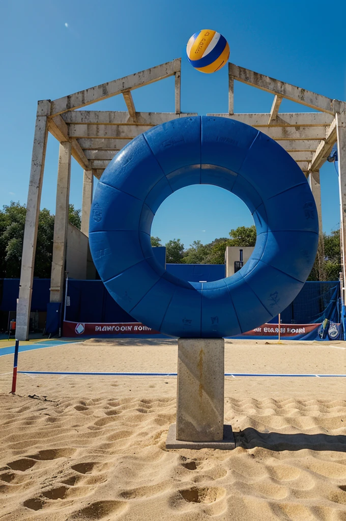 Logo with the appearance of a sturdy monument in the middle of the volleyball court, surrounded by elements that depict spirit and family, with the dominant colors blue and red