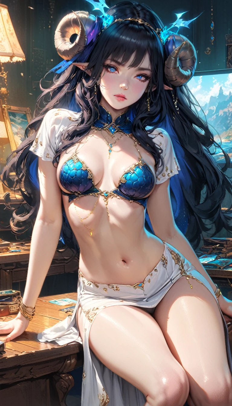 best quality,4k,8k,highres,masterpiece:1.2),ultra-detailed, extremely detailed eyes, extremely detailed body, (large masterpiece digital art), (detailed manga illustration), (detailed line art), ((perfect )), (intricate details:1.3), (ultra-detailed:1.3), (illustration:1.3), (sharp focus:1.3), (natural lighting:1.05), (vivid colors:1.3), (masterpiece), (best quality:1.4), (perfect :1.4), high quality, expressive eyes, full body, detailed face, beautiful face, perfect face, 1 girl, , black hair, curly hair, wild hair, detailed hair, white dress shirt, black pants, pale skin, sapphire-blue eyes, demon, blue halo, sheep horns, curled horns, (horizontal pupils),  face, pointy ears, splash art, the demon girl, , sitting in an office chair at a desk with feet on desk, black high heels, cinematic lighting, dramatic atmosphere, Atey Ghailan, Jeremy Mann, Greg Manchess, Antonio Moro, trend in ArtStation, trend in CGSociety, Intricate, High Detail, Sharp focus, dramatic and photorealistic painting art by Midjourney and Greg Rutkowski, Jeff Bridges, ((cartoon style)), Marvel Cinematic Universe style