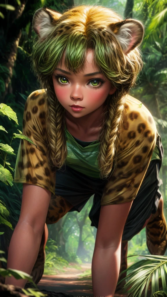 a young girl playing with a cheetah, detailed face and eyes, beautiful detailed girl, cheetah, lush green forest, cinematic lighting, vibrant colors, 8k, photorealistic, masterpiece