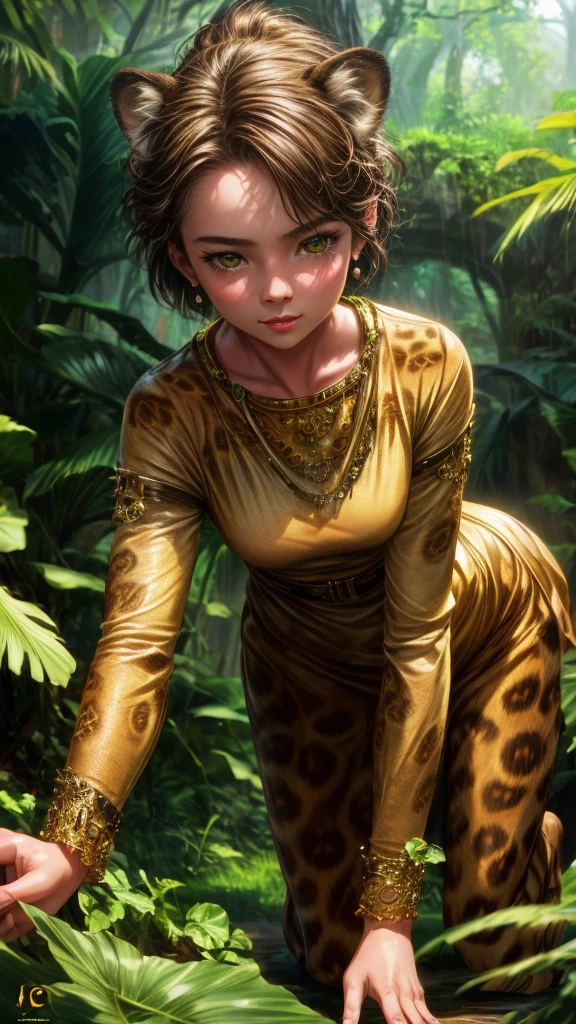 a young girl playing with a cheetah, detailed face and eyes, beautiful detailed girl, cheetah, lush green forest, cinematic lighting, vibrant colors, 8k, photorealistic, masterpiece