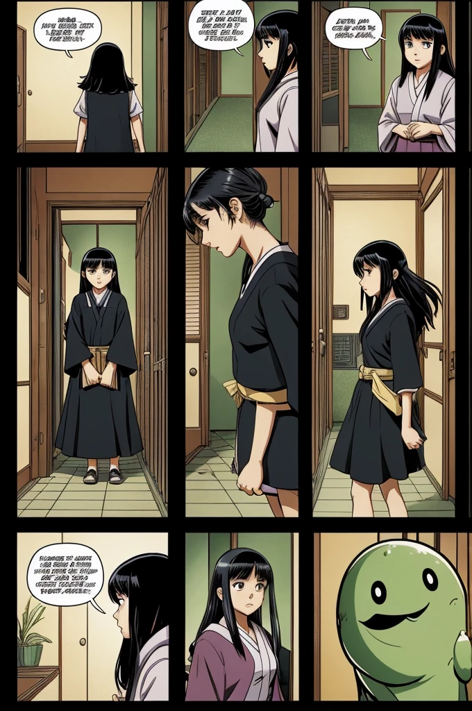 Comic storyboard:1.8, comic strip, text in Spanish,draw the story of a girl who is in a very quiet room, who out of nowhere hears a noise and goes out to investigate, but behind her appears a person just like her but with a slightly gloomy appearance., the girl notices the presence and gets scared, runs away, the girl trips over something slimy black, that thing absorbs it and its clone takes its place. japanese anime manga, anime looks.