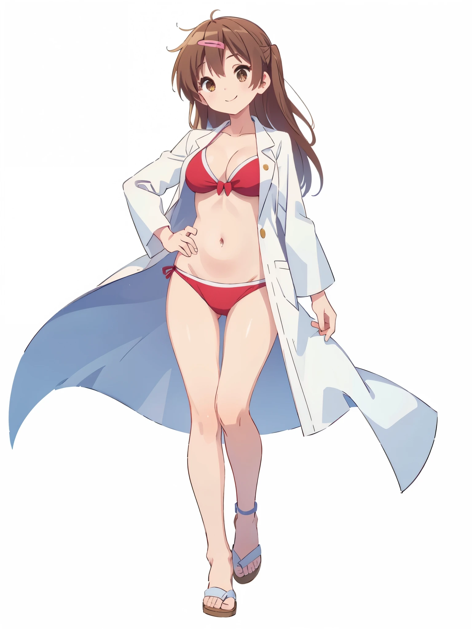 full body, white doctor’s coat, , Swimwear, white background, contrappost, smile,