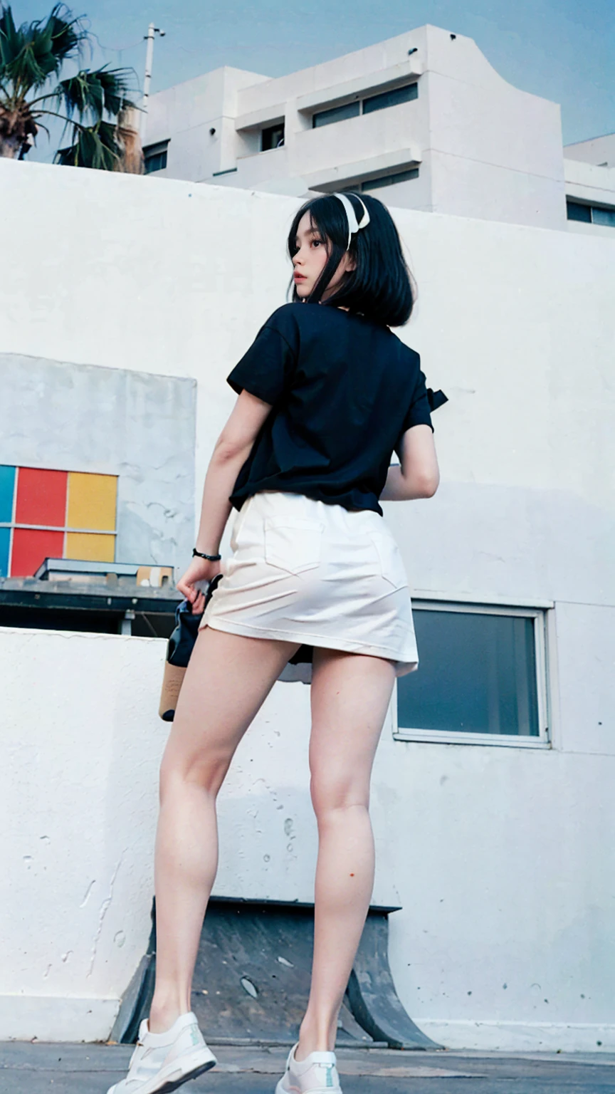Best Quality,Masterpiece,Ultra High Resolution,(Realisticity:1.4),Original Photo, 1Girl, light leak,dark intens shadow,wear (blank white untucked t-shirt),black bob hairstyles background (80's mondrian architecture colourful motel),palm trees,sunny,summer, los Angles vibes,(from below:1.2), (realistic:1.1), (surreal:1.2), (very detailed:1.1)