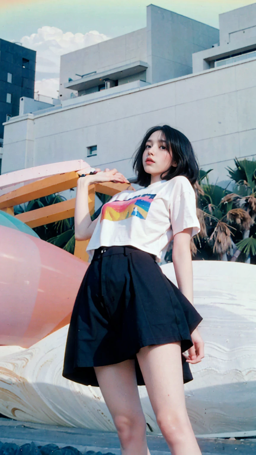 Best Quality,Masterpiece,Ultra High Resolution,(Realisticity:1.4),Original Photo, 1Girl, light leak,dark intens shadow,wear (blank white untucked t-shirt),black bob hairstyles background (80's mondrian architecture colourful motel),palm trees,sunny,summer, los Angles vibes,(from below:1.2), (realistic:1.1), (surreal:1.2), (very detailed:1.1)