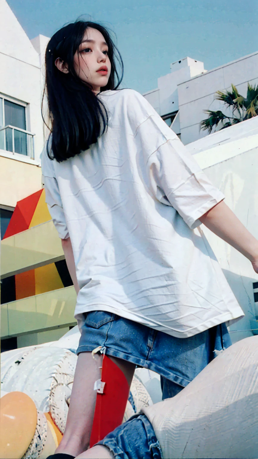 Best Quality,Masterpiece,Ultra High Resolution,(Realisticity:1.4),Original Photo, 1Girl, light leak,dark intens shadow,wear (blank white untucked t-shirt),black bob hairstyles background (80's mondrian architecture colourful motel),palm trees,sunny,summer, los Angles vibes,(from below:1.2), (realistic:1.1), (surreal:1.2), (very detailed:1.1)