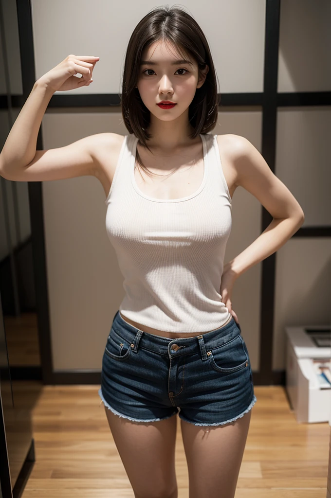 A very cute girl, solo, young, wearing tank top and short pants, big breasts, white and smooth skin, standing, full body, red lip, at workplace realistic face