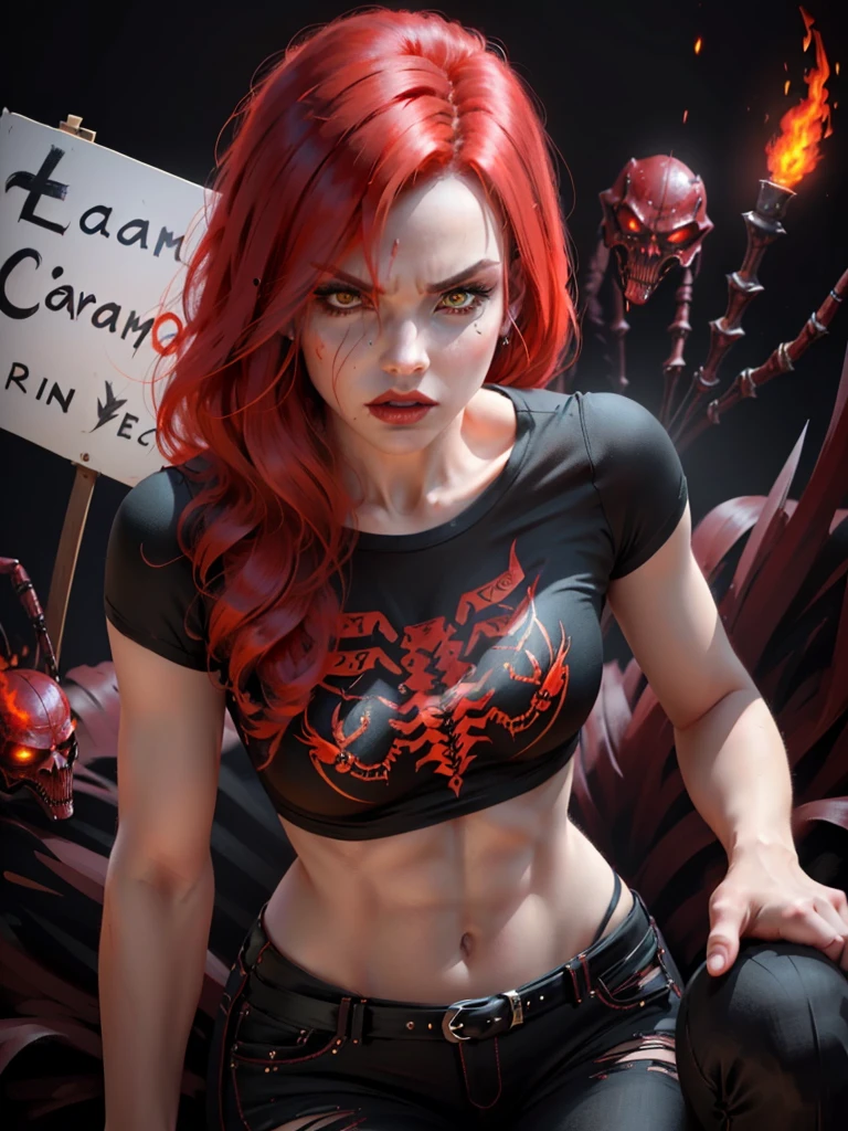 ((Highly detailed 1.3) A wicked woman, malignant, with flaming red hair, Scorpion, Agape Mouth, Fierce desire for blood. A young woman with fierce eyes, sign of Scorpio, T-shirt and pants