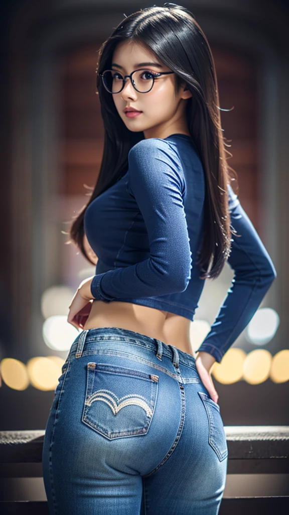 a cute young asian girl, glasses, beautiful detailed eyes, beautiful detailed lips, extremely detailed face, long eyelashes, tight blue jeans, tight crop top, mid sized butt, high heels, looking at camera, detailed background, cinematic lighting, warm colors, photorealistic, (best quality,4k,8k,highres,masterpiece:1.2),ultra-detailed,(realistic,photorealistic,photo-realistic:1.37),digital art, wet