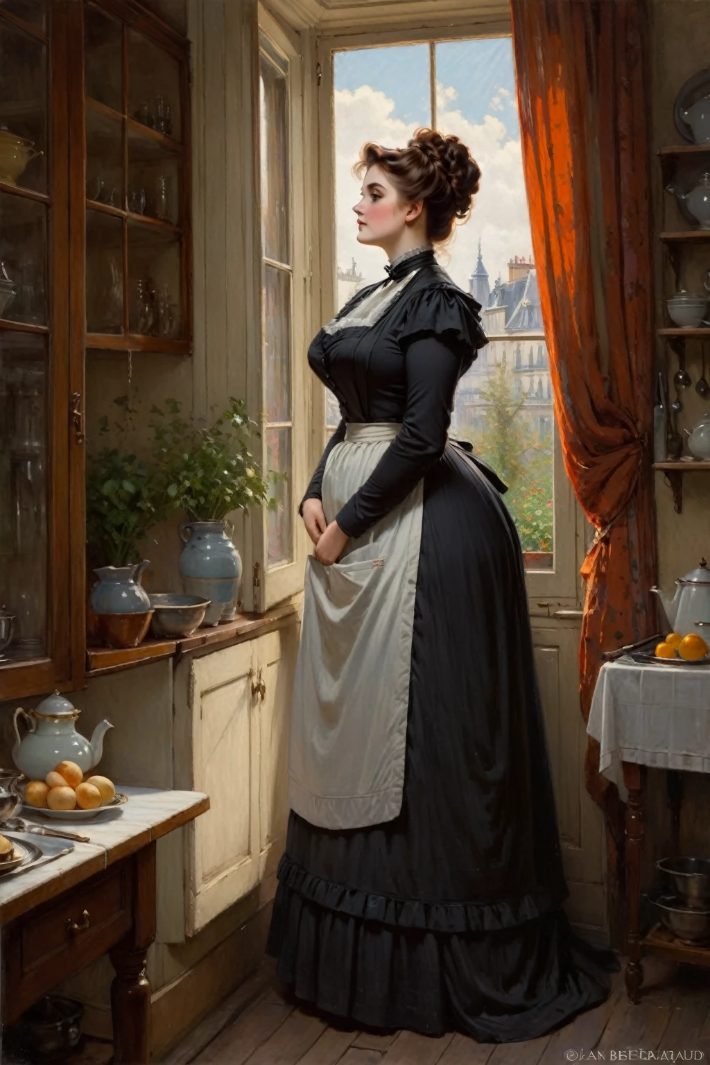 Full body shot of a curvaceous, voluptuous, buxom Victorian widow standing in her kitchen looking out of the window, by Jean Béraud, inspired by Jean Béraud, inspired by Édouard Detaille, edouard leon cortes, inspired by Ivan Kramskoi, inspired by Jean-Louis-Ernest Meissonier, by Édouard Detaille, inspired by Paul Émile Chabas, opulent updo hairstyle, white apron