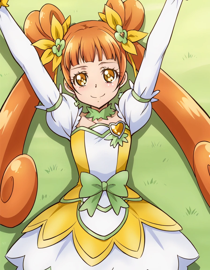 curerosetta, shiny skin, high quality, solo, lying, on back, arms up, spread arms, closed mouth, on grass, (cowboy shot:1.5), looking at viewer, nervous, smile, best quality,