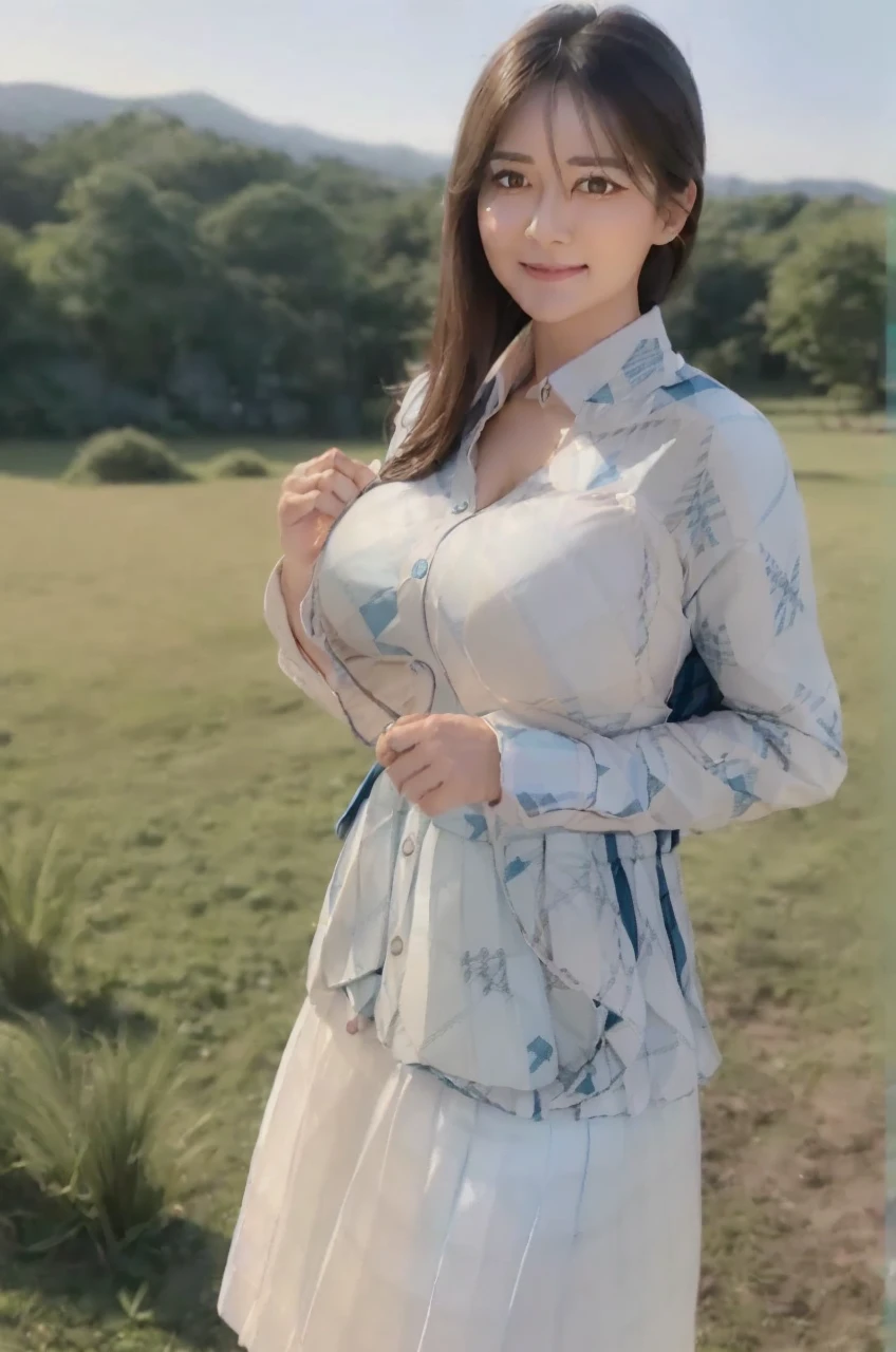 marian rivera,((White collar shirt、Light blue plaid pleated skirt:1.4)、foot, enchanting smile, closed clothes, polite attire, The face of beauty , Because I'm slender , abs:1.4, 30 years old, ((1 girl, alone)), ((full body)), ((huge breasts:1.3)), Breastfeeding A. to, (K, Raw photo, highest quality, Masterpiece 11.4), (realistic, photo-realistic:1.37), (micro:1.4), exposed , ((diamond necKlace)), earrings, glamorous, white sKin, ((in a luxurious hall), looK at viewers, thick brunette hair, long hair, (lit), dynamic pose, (), ((beautiful eyes), erotic, HDR, very detailed, ambient occlusion, nature, harmonious composition, fine art photography, beauty , excellent anatomy, exposed detail