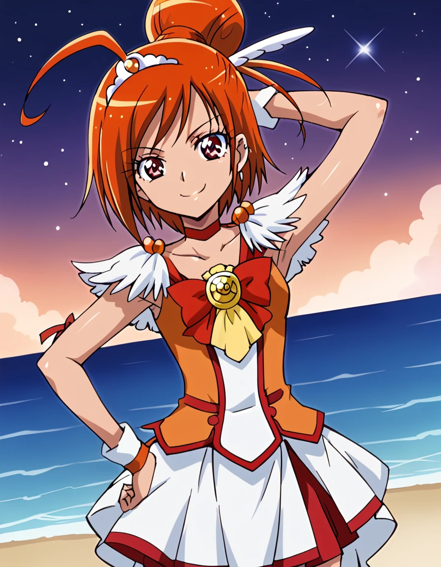 curesunny, shiny skin, high quality, solo, 1girl, night sky, beach, arm behind head, hand on hip, (contrapposto), closed mouth, spread armpits, (cowboy shot:1.5), looking at viewer, best quality, smile,