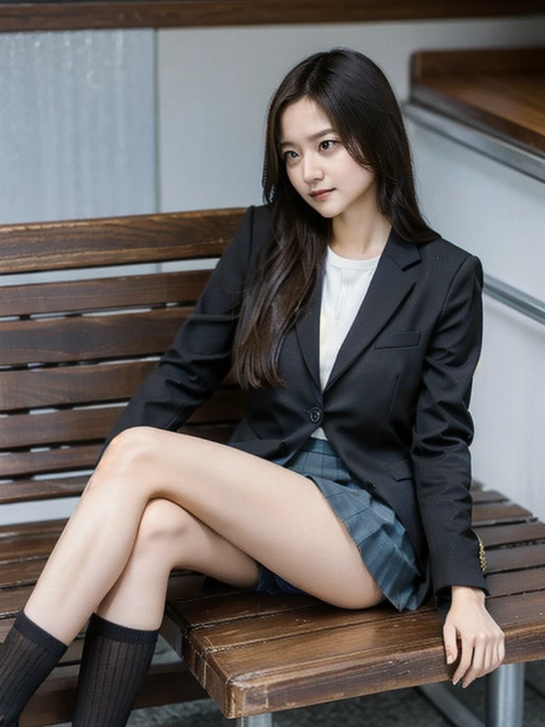 A lovely 21-year-old woman wearing a business suit and tight skirt is sitting on a horizontal wooden bench at the station, reading a book, with her legs crossed,