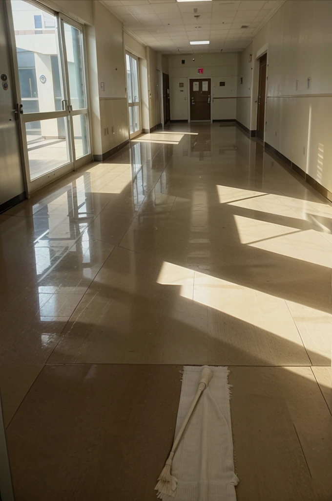 sweeping the floor in a school hallway, high school, sweeping, clean detailed, super clean,