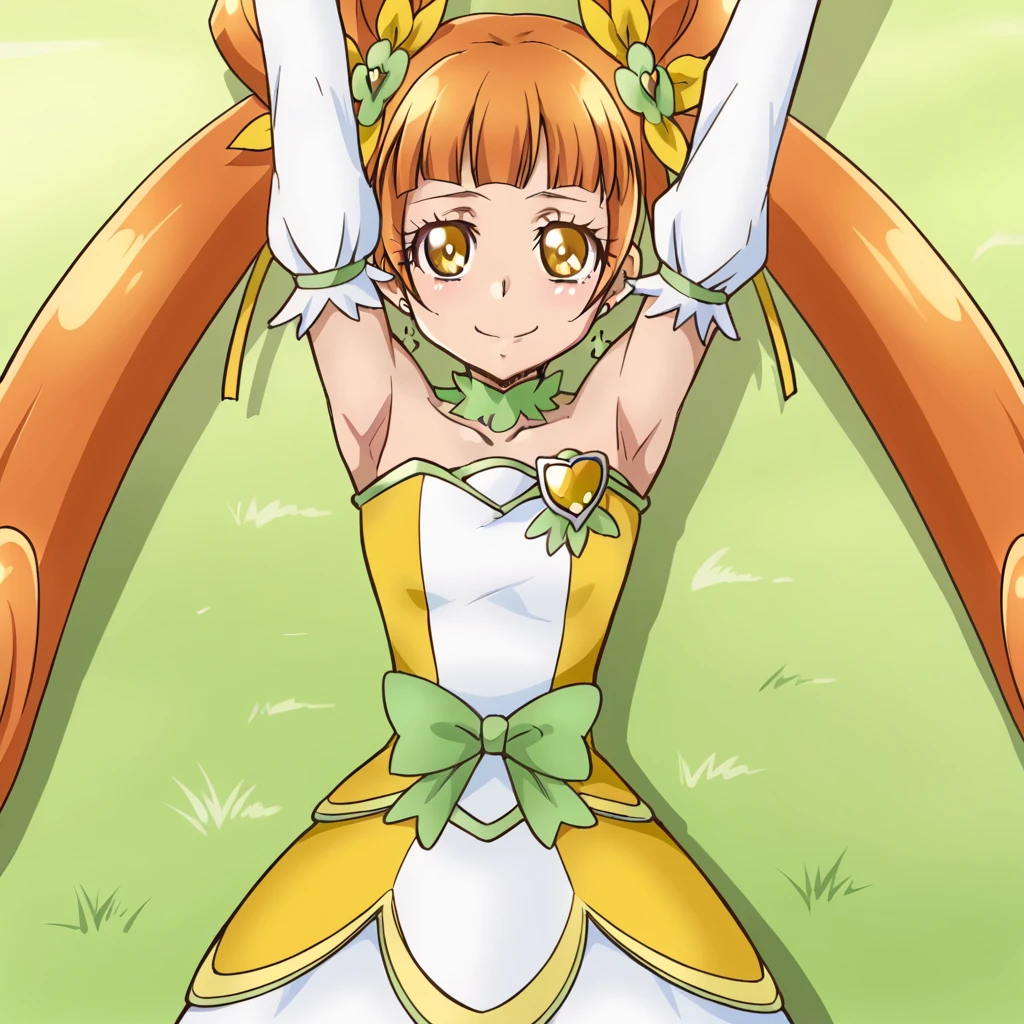 curerosetta, shiny skin, high quality, solo, lying, on back, arms up, spread arms, closed mouth, on grass, cowboy shot, looking at viewer, nervous, smile, best quality,