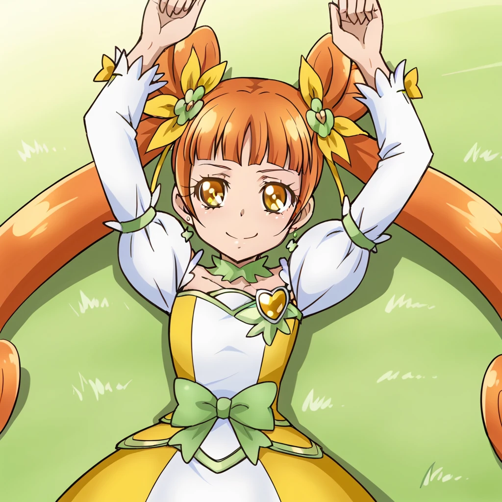 curerosetta, shiny skin, high quality, solo, lying, on back, arms up, spread arms, closed mouth, on grass, (cowboy shot:1.5), looking at viewer, nervous, smile, best quality,