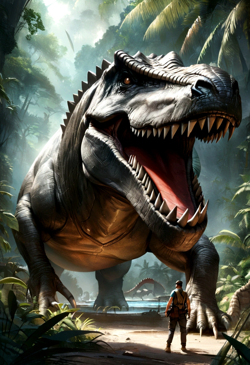 masterpiece、Realistic、High-quality 4K、Ultra Clear、Dinosaurs resist waves、Aggressive Posture、jungle、Super Large Reality、Ancient、Tyrannosaurus Rex、Open your mouth wide、The background is a bright sun