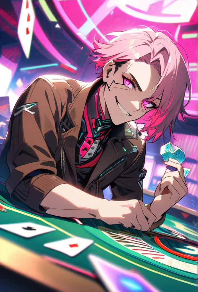 Handsome, solo, 1 male, short hair, pink hair, red highlight at hair tips, pink eyes, white and brown clothes, smile facial, futuristic, cyberpunk, cards, dices, gambler