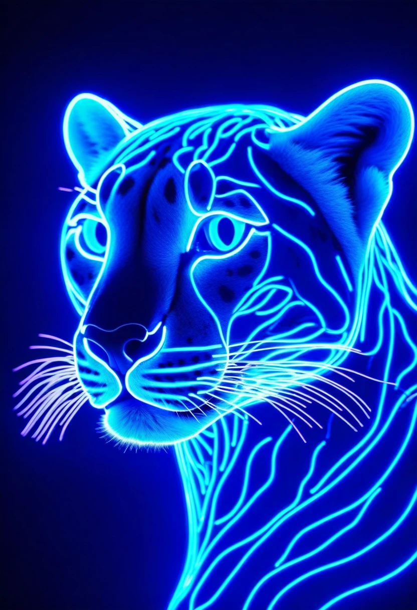 ( Perfect anatomical structure ) Draw a cheetah with fluorescent lines. Delicate artistic realistic super detailed digital art style blue fluorescent, luminescent,    transparent luminous body  