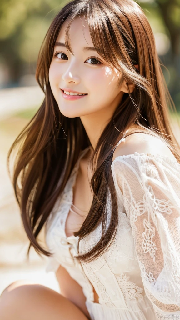 (((8k,Attention to detail,Attention to detail、Highest quality,masterpiece,Attention to detail,))),RAW Photos & Realistic atmosphere,beautiful黒い瞳,Mouth Details,Glossy Lips,Thin eyebrows,beautiful Eyes、Soft white skin that shines in every detail、彼女の深い黒色の目はとてもbeautifulです, とてもbeautiful顔,とてもbeautiful顔、Lively Faces,beautiful, Glistening lips,beautiful Eyebrows,Infinite Reality, Realistic Young Gravure Idol,Very cute woman , Young Gravure Idol, Young Gravure Idol, とても美しくてかわいいbeautiful 21 year old 美女,Incredibly beautiful and elegant,beautiful 21 year old 美女,Natural soft light,A little brown hair,(Shiny Hair,,beautiful and kind eyes:1.5),A kind smile,Shapely breasts,Medium Long Hair,beautiful posture,No makeup,Looking to the future,