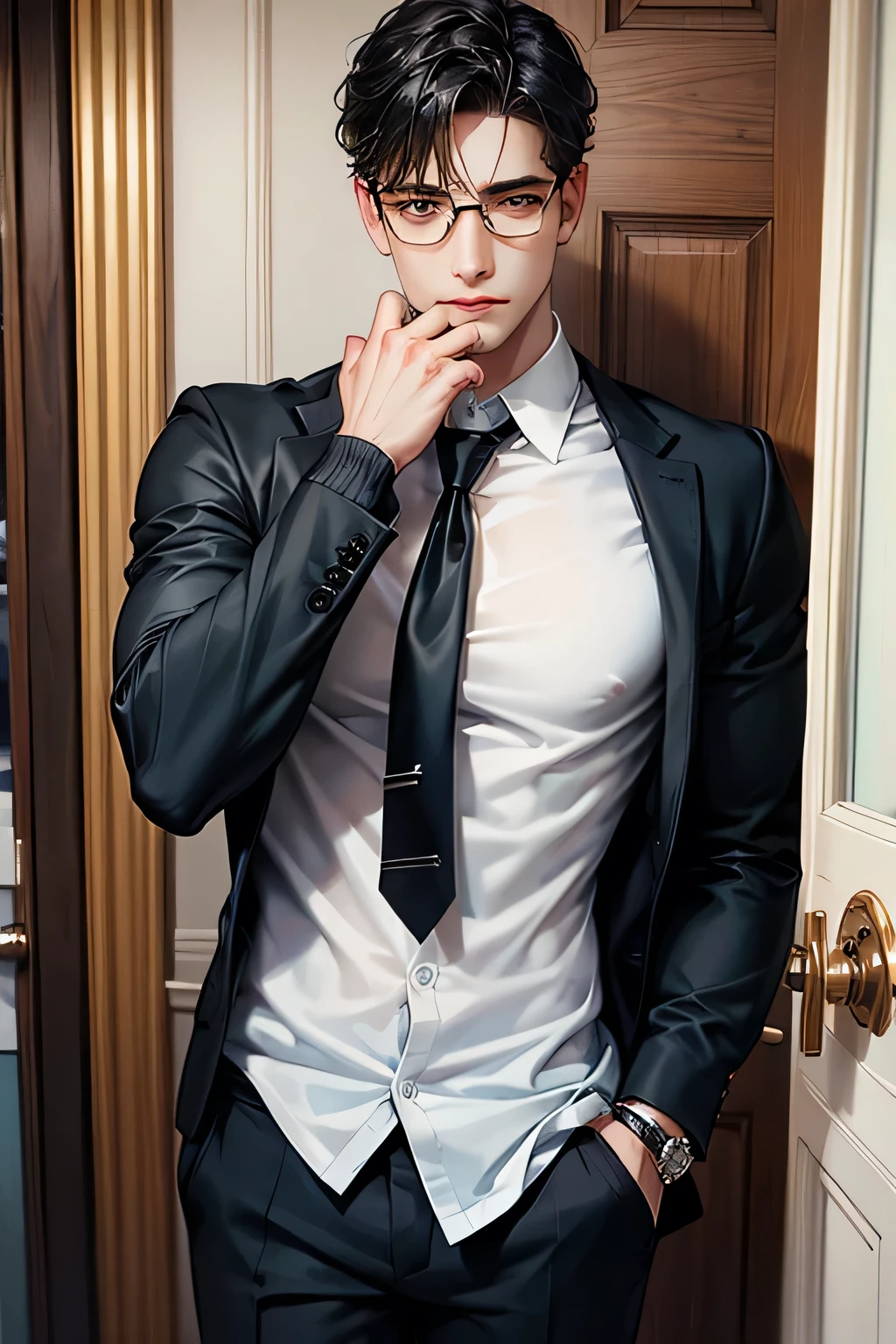 solo, 1boy, male_focus, necktie, glasses, realistic, black_hair, shirt, pants, collared_shirt, sweater, looking_at_viewer, bracelet, white_shirt, jewelry, door, hand_in_pocket, closed_mouth, cowboy_shot, standing, long_sleeves, sleeves_rolled_up