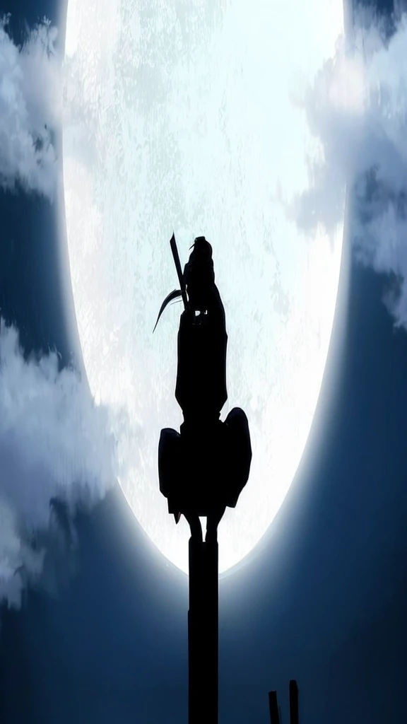 there is a silhouette of a person holding a knife on a pole, shinobi, in front of a full moon, sitting on a moon, silhouette!!!, moon behind him, mystic ninja, inspired by Kanō Hōgai, inspired by Sesshū Tōyō, itachi, inspired by Shūbun Tenshō, illustration!
