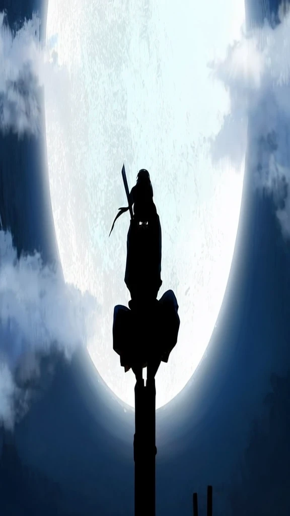 there is a silhouette of a person holding a knife on a pole, shinobi, in front of a full moon, sitting on a moon, silhouette!!!, moon behind him, mystic ninja, inspired by Kanō Hōgai, inspired by Sesshū Tōyō, itachi, inspired by Shūbun Tenshō, illustration!