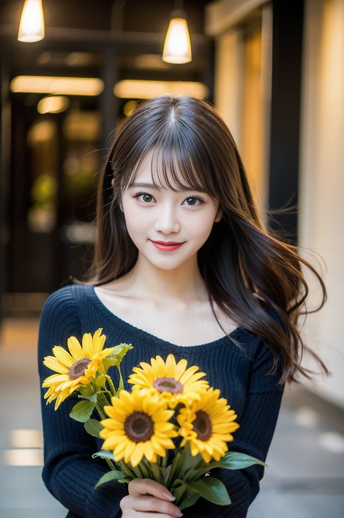 (8K, RAW Photos, Highest quality、masterpiece:1.2), (Realistic、Realistic:1.37), Very detailed, High resolution, 1 girl, Laughter, View your viewers,  dress,  Beautifully detailed face、(Holding a bouquet:1.3),Beautiful and detailed skin、Skin Texture、Floating Hair、Professional Lighting, noon