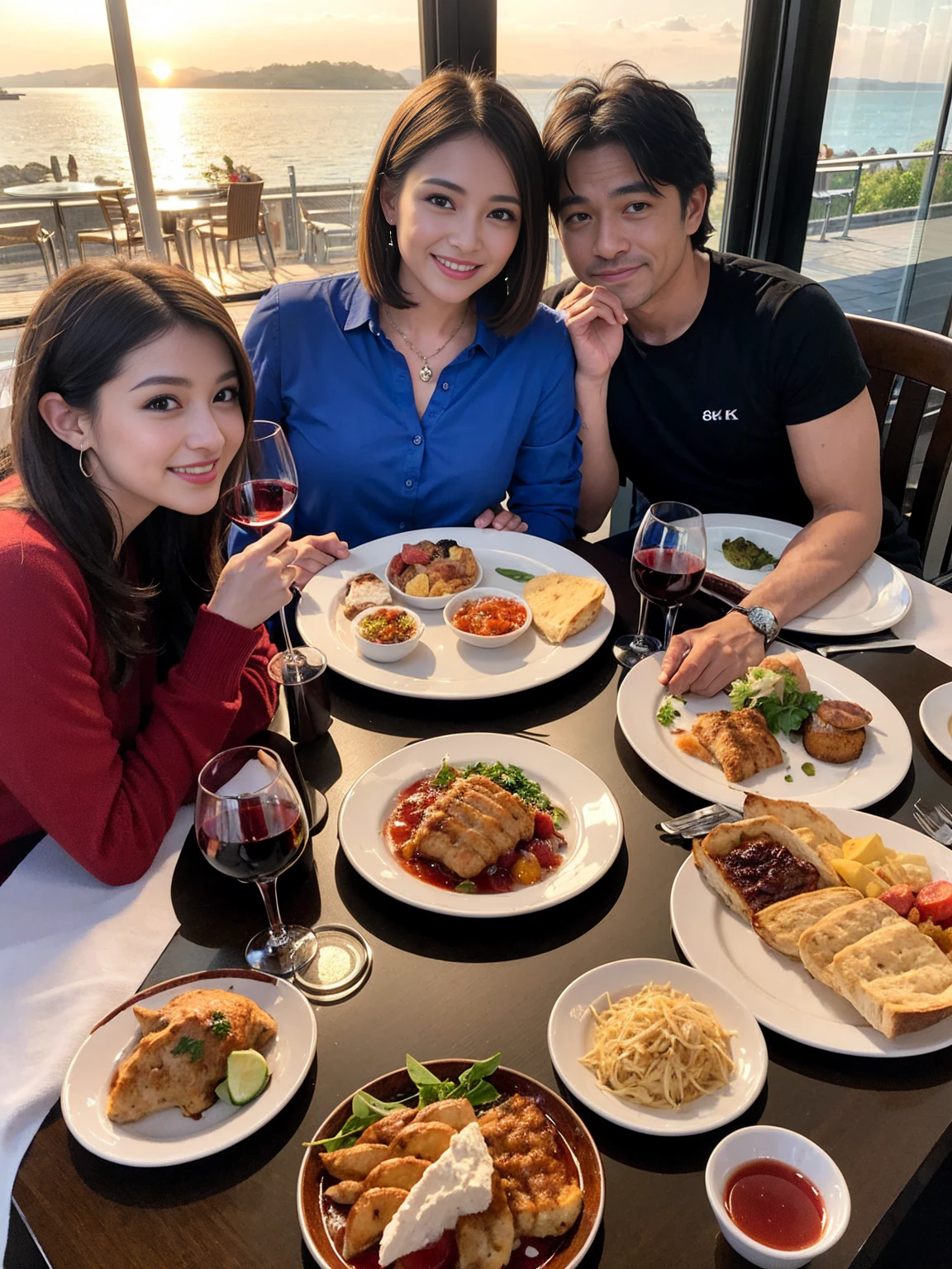 ((Highest quality、8K、masterpiece:1.3))、 (Ultra-realistic、 Genuine、Bright image、Intricate details:1.2), 最高のsmile、1 male、1 female、Beautiful couple、Love Love Love、Tokyo Lovers、Good friends、actress couple、smile、Full-course dinner at a packed table、 (Slim face), (the body is slim), (Brown Hair), (short hair), テーブルのwine glass、Please shine a light on my face、 Amazing view of the sunset sky and clouds、42 years old 39 years old, red wine 、Appetizers、Wine bottle、sparkling wine、Long sleeve shirt、dress、White wine, red wine, wine glass,