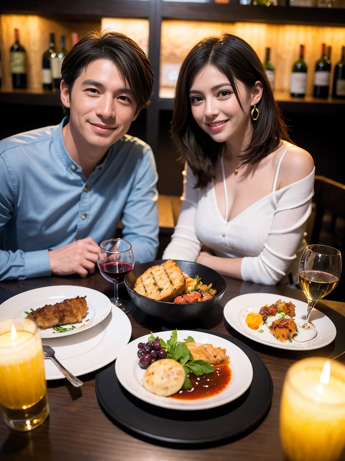 ((Highest quality、8K、masterpiece:1.3))、 (Ultra-realistic、 Genuine、Bright image、Intricate details:1.2), 最高のsmile、1 male、1 female、Beautiful couple、Love Love Love、Tokyo Lovers、Good friends、actress couple、smile、Full-course dinner at a packed table、 (Slim face), (the body is slim), (Brown Hair), (short hair), テーブルのwine glass、Please shine a light on my face、 Amazing view of the sunset sky and clouds、42 years old 39 years old, red wine 、Appetizers、Wine bottle、sparkling wine、Long sleeve shirt、dress、White wine, red wine, wine glass, 