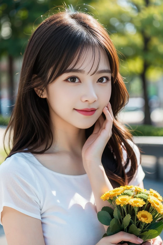 (8K, RAW Photos, Highest quality、masterpiece:1.2), (Realistic、Realistic:1.37), Very detailed, High resolution, 1 girl, Laughter, View your viewers, dress, Beautifully detailed face、(Holding a bouquet:1.3),Beautiful and detailed skin、Skin Texture、Floating Hair、Professional Lighting, noon