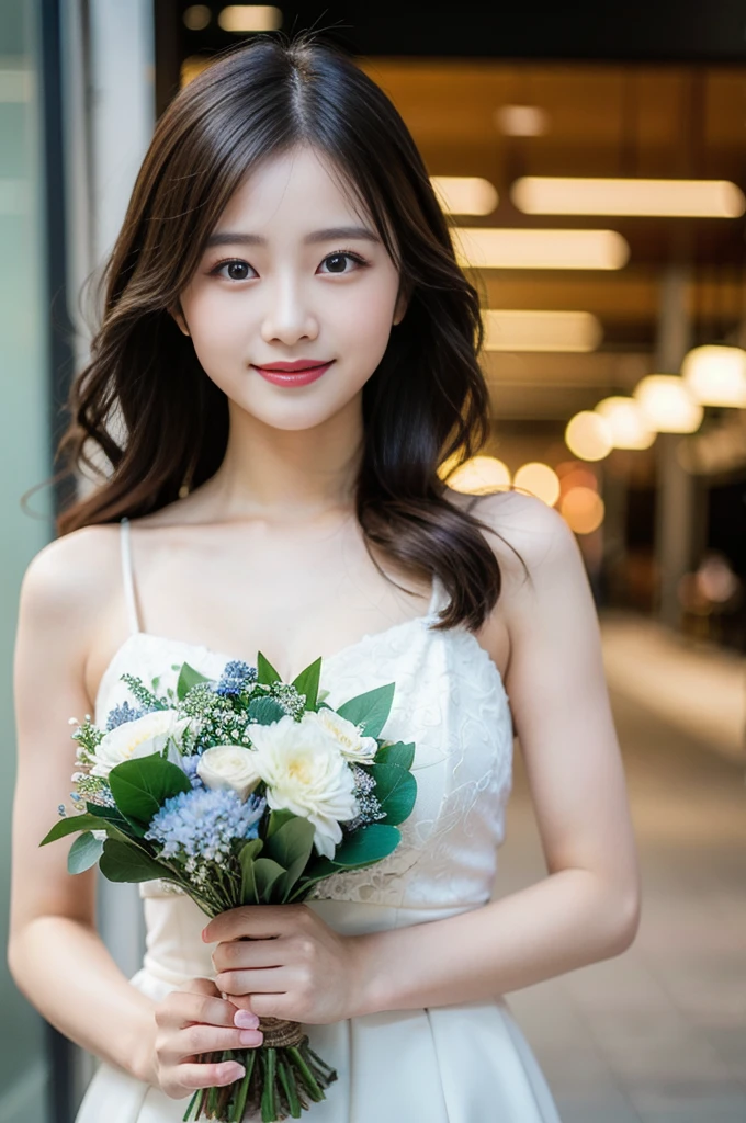 (8K, RAW Photos, Highest quality、masterpiece:1.2), (Realistic、Realistic:1.37), Very detailed, High resolution, 1 girl, Laughter, View your viewers, dress, Beautifully detailed face、(Holding a bouquet:1.3),Beautiful and detailed skin、Skin Texture、Floating Hair、Professional Lighting, noon