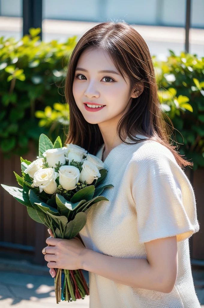 (8K, RAW Photos, Highest quality、masterpiece:1.2), (Realistic、Realistic:1.37), Very detailed, High resolution, 1 girl, Laughter, View your viewers, dress, Beautifully detailed face、(Holding a bouquet:1.3),Beautiful and detailed skin、Skin Texture、Floating Hair、Professional Lighting, noon