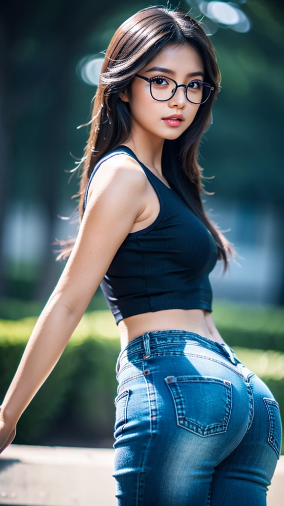 a cute young asian girl with dark skin, glasses, beautiful detailed eyes, beautiful detailed lips, extremely detailed face, long eyelashes, tight blue jeans, tight crop top, mid sized , high heels, looking at camera, detailed background, cinematic lighting, warm colors, photorealistic, 8k, high quality, digital art