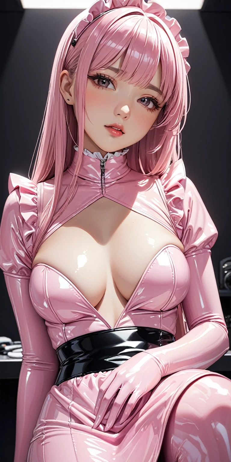 Portrait、(masterpiece,Highest quality,Ultra-high resolution),Japanese women, (((Very beautiful 25 year old girl))),(Light pink latex maid outfit)、(Light pink latex long skirt)、(A light pink latex long-sleeve shirt covering the upper body)、Light pink latex long gloves、Light pink latex socks、Latex bodysuit、The clothes fit snugly to the body、Latex is very shiny、Dark Room、