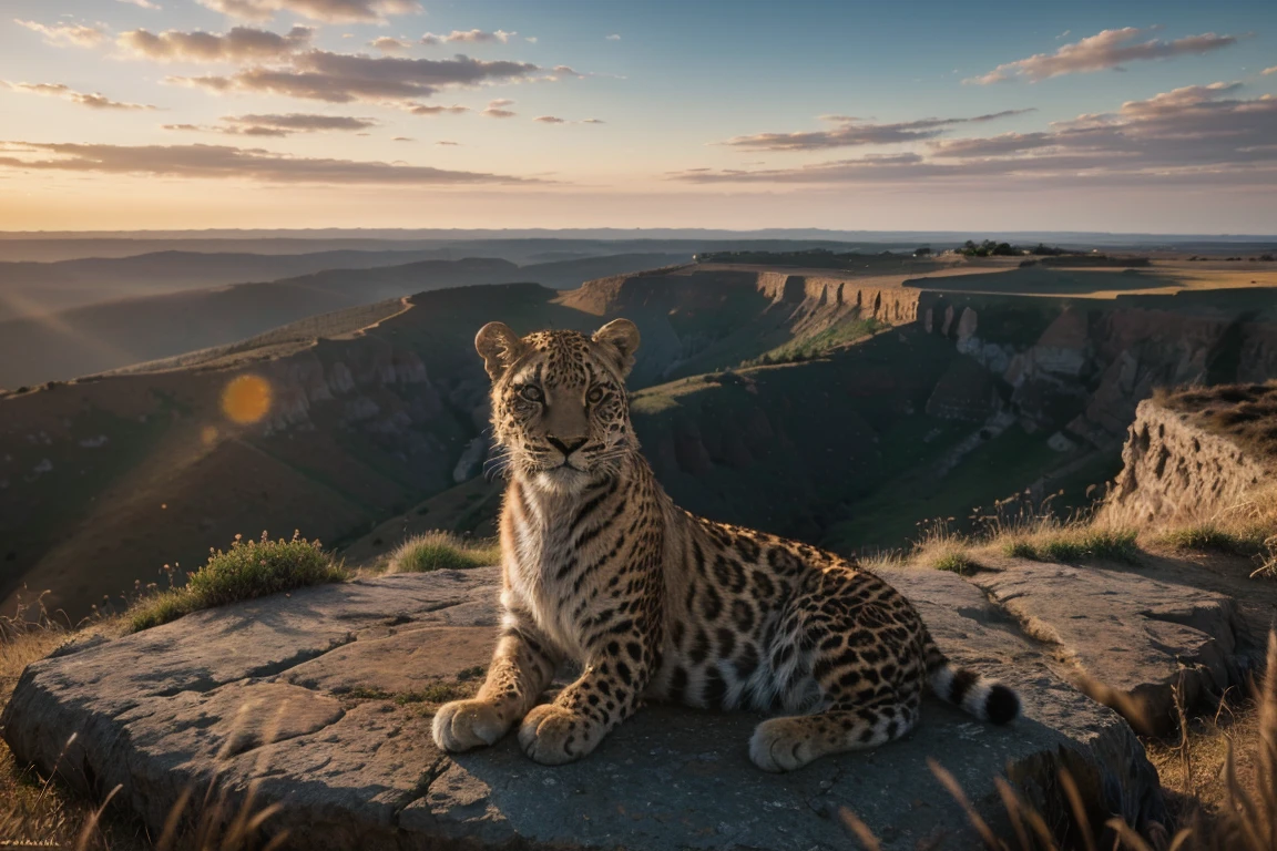 (best quality,4k,8k,highres,masterpiece:1.2),ultra-detailed,(realistic,photorealistic,photo-realistic:1.37),dawn,leopard perched on rugged cliff,overlooking vast grassland,dawn light casting long shadows,reflective eyes,soft sunlight,cinematic,illustration,high-definition,realistic fur texture,majestic,serene,ethereal,surreal,rich colors,warm tones,soft lighting