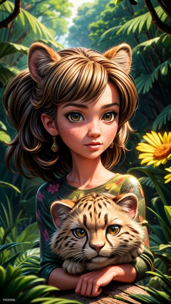 cheetah playing with a girl, detailed beautiful face, detailed eyes and lips, cheetah, nature, forest, sunlight, fantasy, vibrant colors, cinematic lighting, hyper detailed, 8k, photorealistic, masterpiece