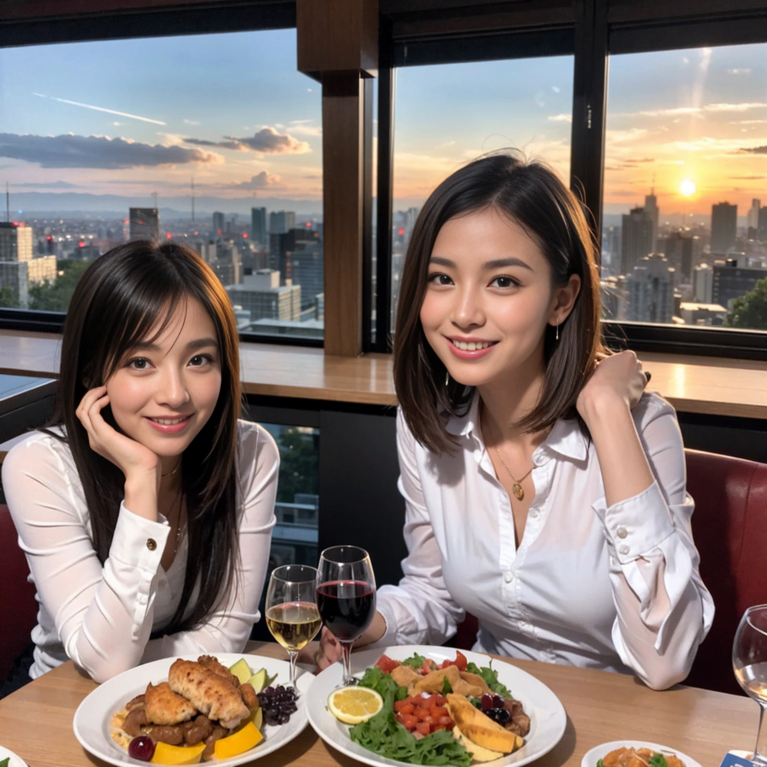 ((Highest quality、8K、masterpiece:1.3))、 (Ultra-realistic、 Genuine、Bright image、Intricate details:1.2), 最高のsmile、1 male 1 female、party、Beautiful couple、Love Love Love、Tokyo Lovers、friend、actress couple、smile、Full-course dinner at a packed table、 (Slim face), (the body is slim), (Brown Hair), (short hair), テーブルのwine glass、Please shine a light on my face、 Amazing view of the sunset sky and clouds、42 years old 39 years old, red wine 、Appetizers、Wine bottle、sparkling wine、Long sleeve shirt、dress、White wine, red wine, wine glass, 