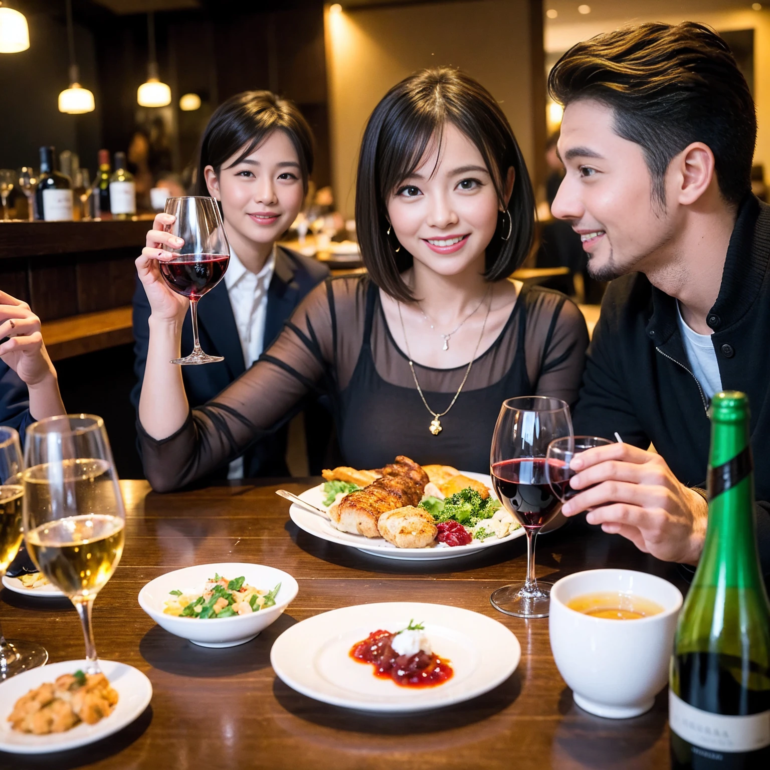 ((Highest quality、8K、masterpiece:1.3))、 (Ultra-realistic、 Genuine、Bright image、Intricate details:1.2), 最高のsmile、1 male 1 female、party、Beautiful couple、Love Love Love、Tokyo Lovers、friend、actress couple、smile、Full-course dinner at a packed table、 (Slim face), (the body is slim), (Brown Hair), (short hair), テーブルのwine glass、Please shine a light on my face、 Amazing view of the sunset sky and clouds、42 years old 39 years old, red wine 、Appetizers、Wine bottle、sparkling wine、Long sleeve shirt、dress、White wine, red wine, wine glass, 