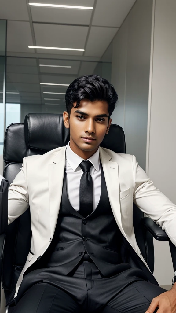 Make a phone wallpaper where a young Indian male sitting on a office chair wearing black suit 