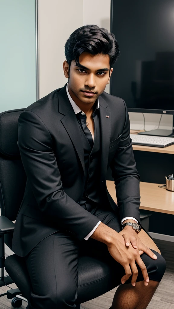 Make a phone wallpaper where a young Indian male sitting on a office chair wearing black suit 