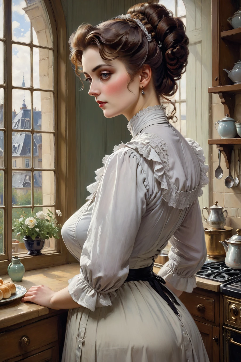 Full body shot of a curvaceous, voluptuous,  buxom Victorian widow standing in her kitchen looking out of the window, by Jean Béraud, inspired by Jean Béraud, inspired by Édouard Detaille, edouard leon cortes, inspired by Ivan Kramskoi, inspired by Jean-Louis-Ernest Meissonier, by Édouard Detaille, inspired by Paul Émile Chabas, opulent updo hairstyle, white apron 