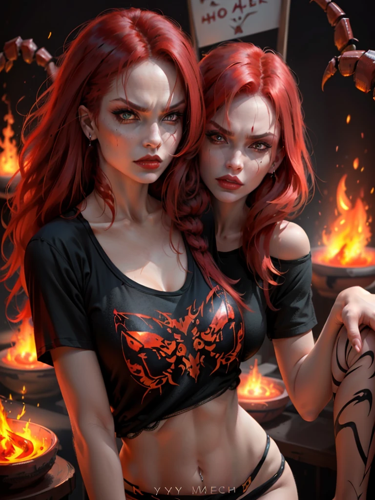 ((Highly detailed 1.3) A wicked woman, malignant, with flaming red hair, Scorpion, Agape Mouth, Fierce desire for blood. A young woman with fierce eyes, sign of Scorpio, T-shirt and .