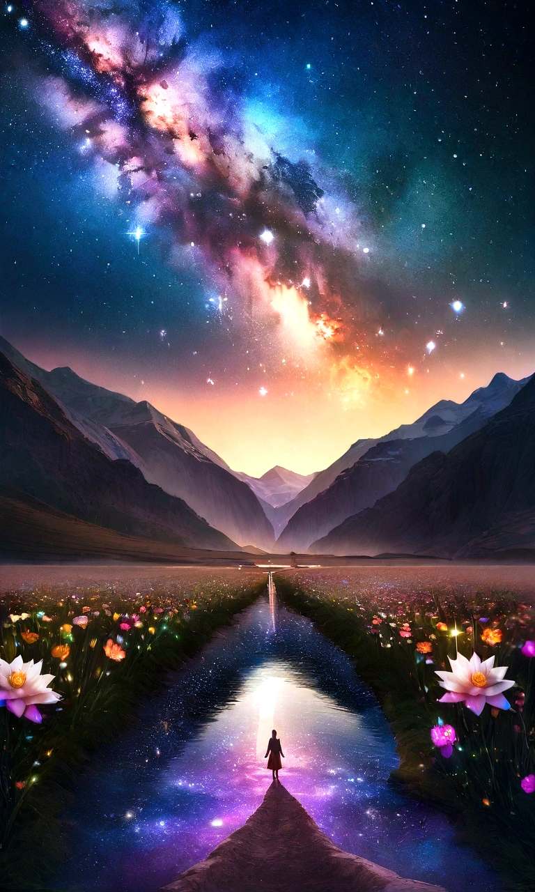 crystal flower, Fantasy, Milky Way, , Sparkling, Sparkling, The Shining, colorful, magical photography, LightingDramatic, Photorealism, Ultra-detailed, 4K, Depth of written boundary, High resolution