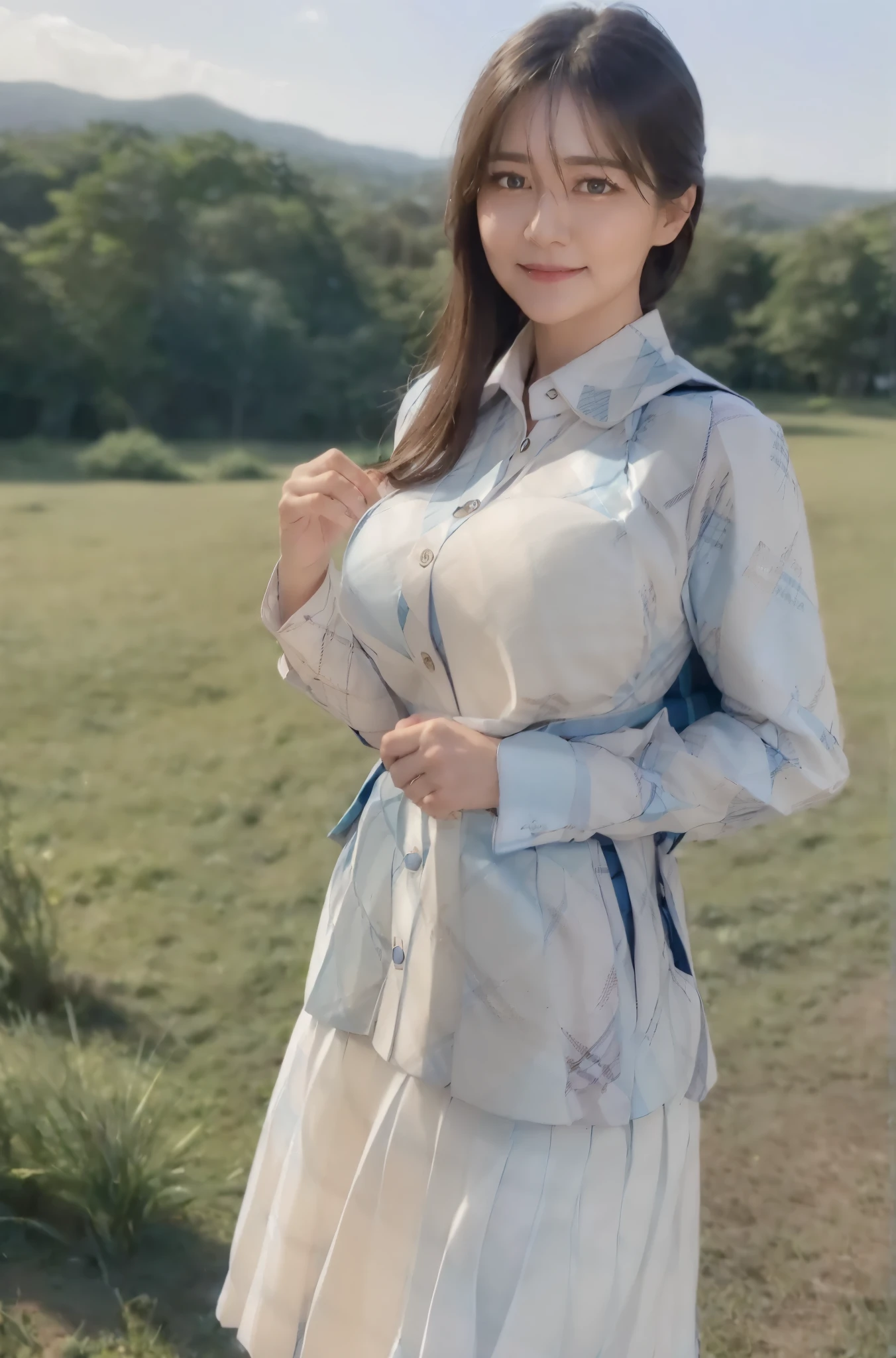 marian rivera,((White collar shirt、Light blue plaid pleated skirt:1.4)、foot, enchanting smile, closed clothes, polite attire, The face of beauty , Because I'm slender , abs:1.4, 30 years old, ((1 girl, alone)), ((full body)), ((huge breasts:1.3)), Breastfeeding A. to, (K, Raw photo, highest quality, Masterpiece 11.4), (realistic, photo-realistic:1.37), (micro:1.4), exposed , ((diamond necKlace)), earrings, glamorous, white sKin, ((in a luxurious hall), looK at viewers, thick brunette hair, long hair, (lit), dynamic pose, (), ((beautiful eyes), erotic, HDR, very detailed, ambient occlusion, nature, harmonious composition, fine art photography, beauty , excellent anatomy, exposed detail
