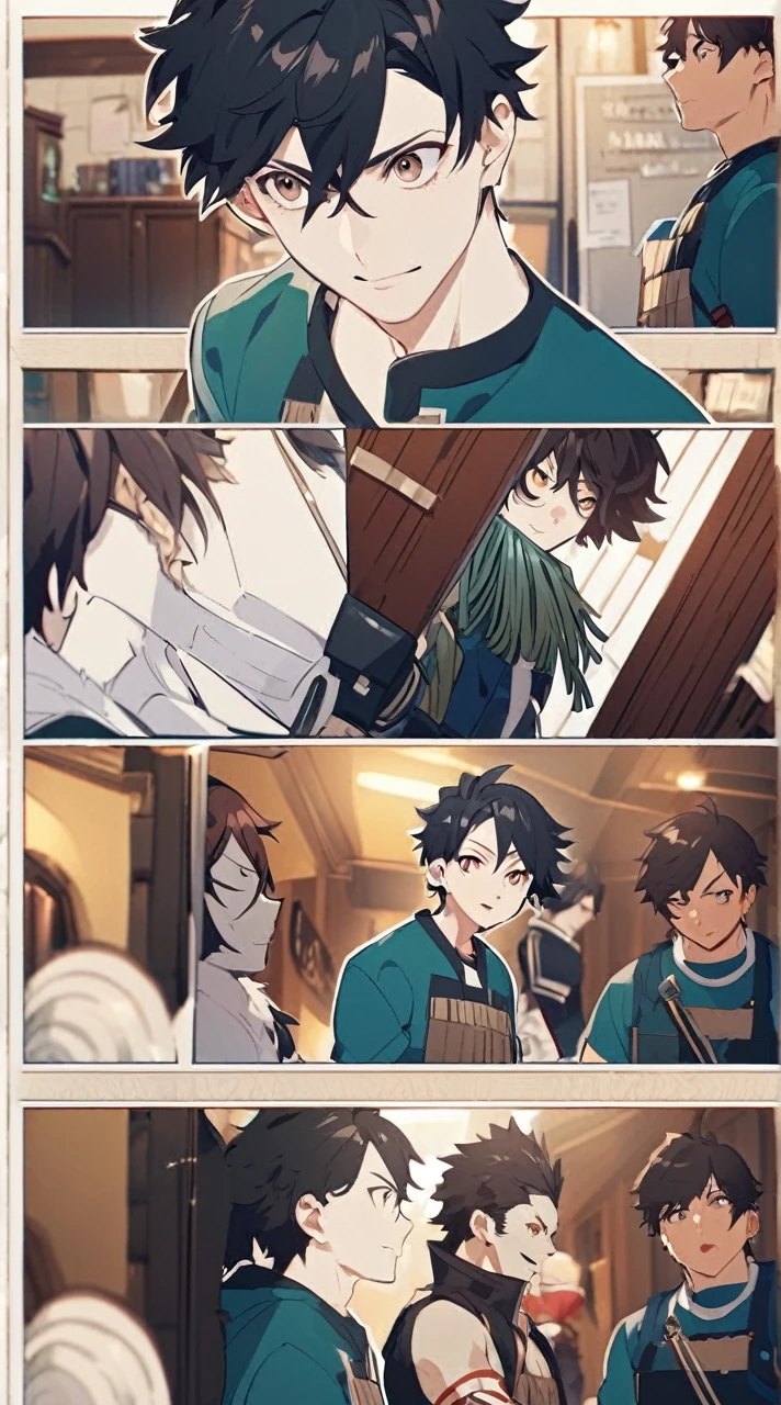 anime, 一人のboy, Handa Shinichi, Brown Hair, Brown eyes, stop temporarily, smile, View your audience, Cartoon man with a broom, Man with a broom, 床をcleaningする, juvenile, doing hard work, Using a broom, High quality illustrations, , classroom、boy、cleaning、cleaning当番、housework、anime, 一人のboy, Handa Shinichi, Brown Hair, Brown eyes,stand、床をほうきでcleaningする、evening、1人のboy、