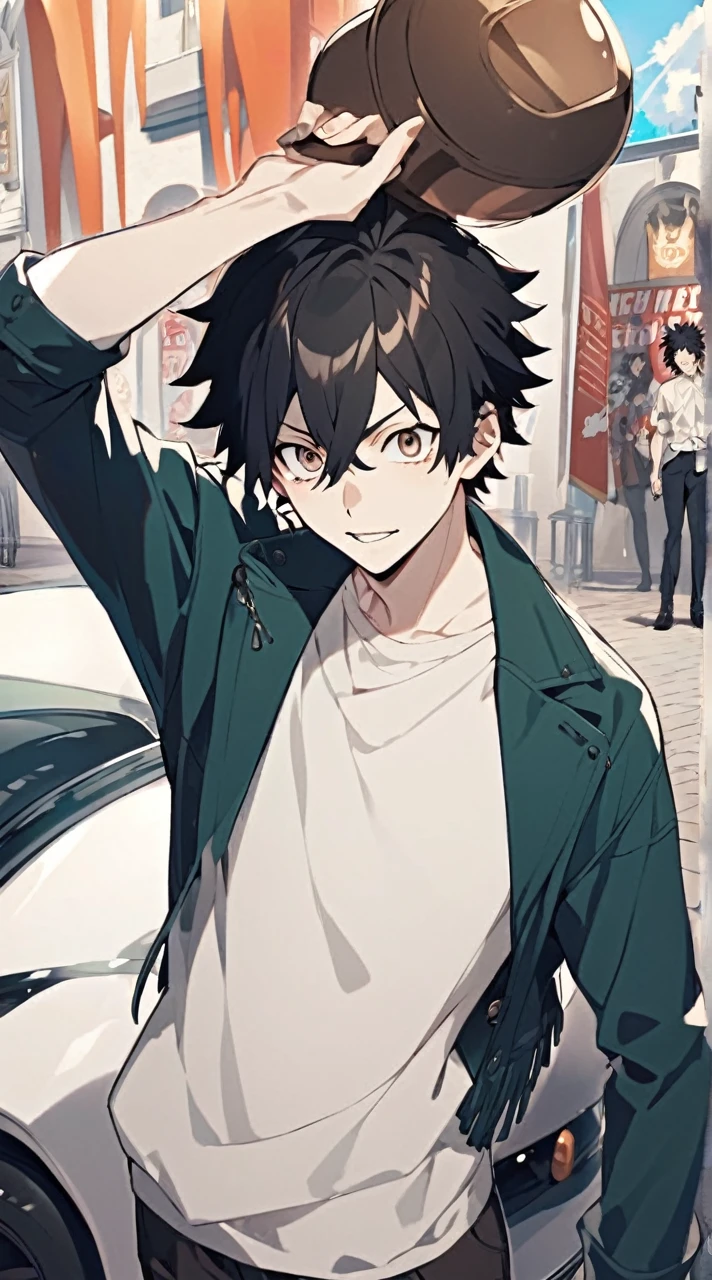 Screenshot Boku no my hero academia, male gender, white skin, brown eyes, short black hair with fringe, casual clothing
