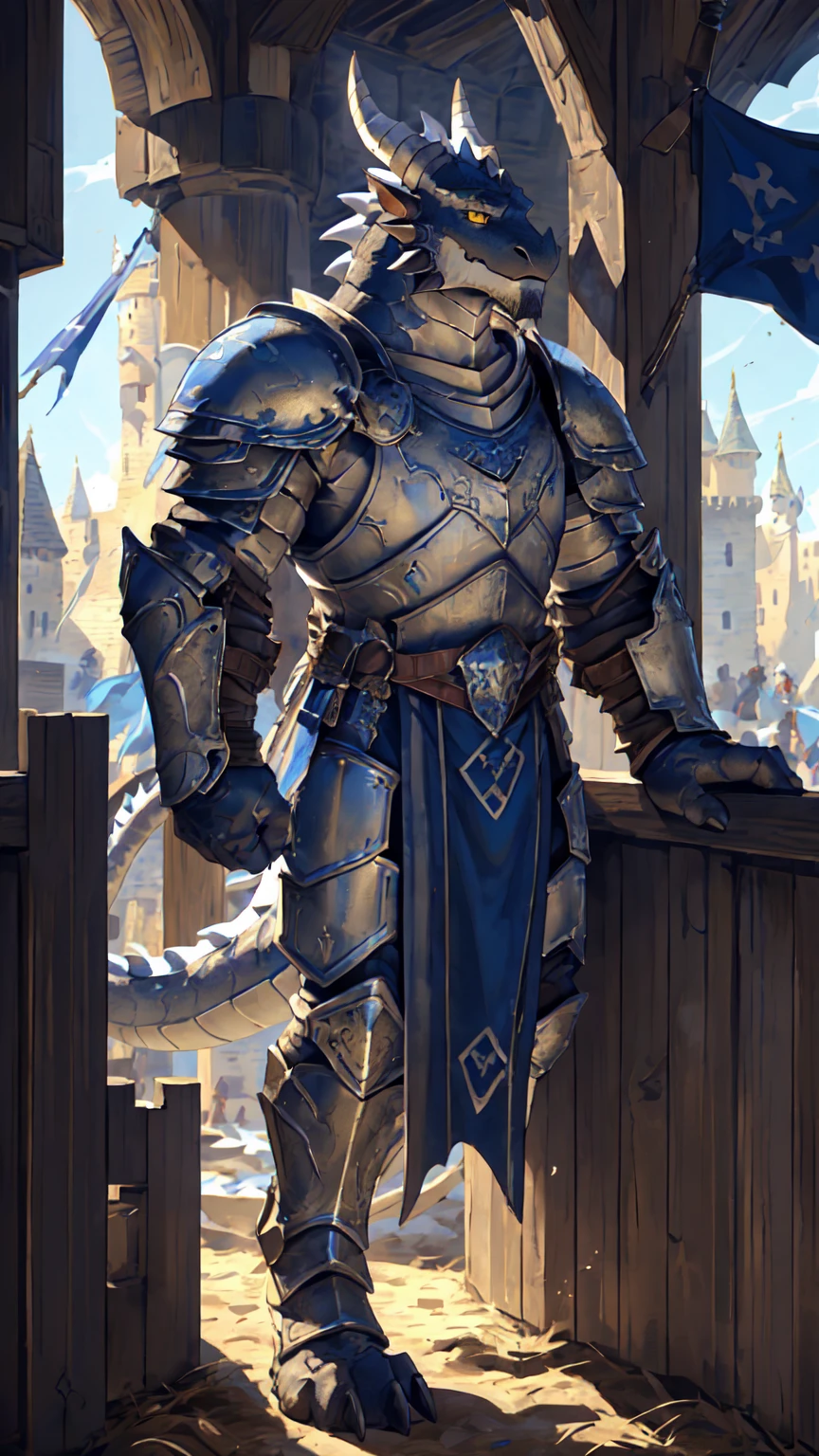 ((middle Ages:1.6,Castle Background:1.4)),((Cruz:1.6)),Sunlight,high resolution,4K,gay,(((whole body:1.1))),masterpiece,high quality,Calm and composed,((dragon)),male,dragonFurry,(ager:1.3),hairy,((stable,Handsome face:1.4)),((peaceful)),((Holding a long sword:1.3)),(((Strong:1.4,Long legs:1.3,Thick dragon tail:1.2))),(((Gray heads:1.2,Golden pupils:1.2,White Neck:1.3,Gray back of hands:1.4,White Skin:1.3))),(((White Armor:1.3,There is a blue flag on the armor:1.4))),Mature face,Exquisite eyes,Detailed body,Detailed hands,Detailed feet,Kenket's Art,Strike a pose:1.3
