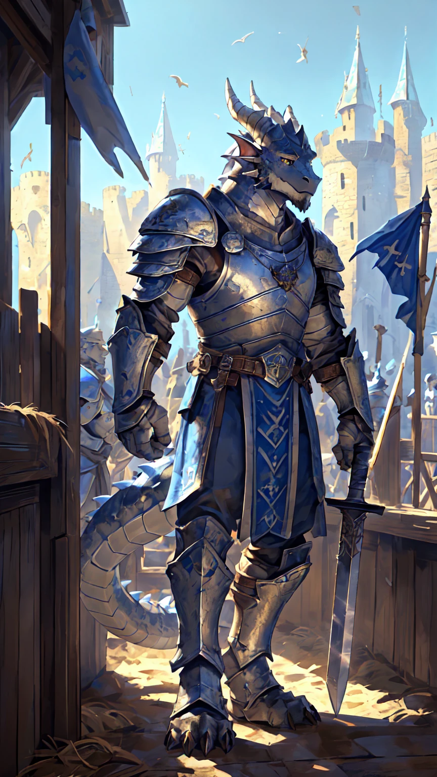((middle Ages:1.6,Castle Background:1.4)),((Cruz:1.6)),Sunlight,high resolution,4K,gay,(((whole body:1.1))),masterpiece,high quality,Calm and composed,((dragon)),male,dragonFurry,(ager:1.3),hairy,((stable,Handsome face:1.4)),((peaceful)),((Holding a long sword:1.3)),(((Strong:1.4,Long legs:1.3,Thick dragon tail:1.2))),(((Gray heads:1.2,Golden pupils:1.2,White Neck:1.3,Gray back of hands:1.4,White Skin:1.3))),(((White Armor:1.3,There is a blue flag on the armor:1.4))),Mature face,Exquisite eyes,Detailed body,Detailed hands,Detailed feet,Kenket's Art,Strike a pose:1.3